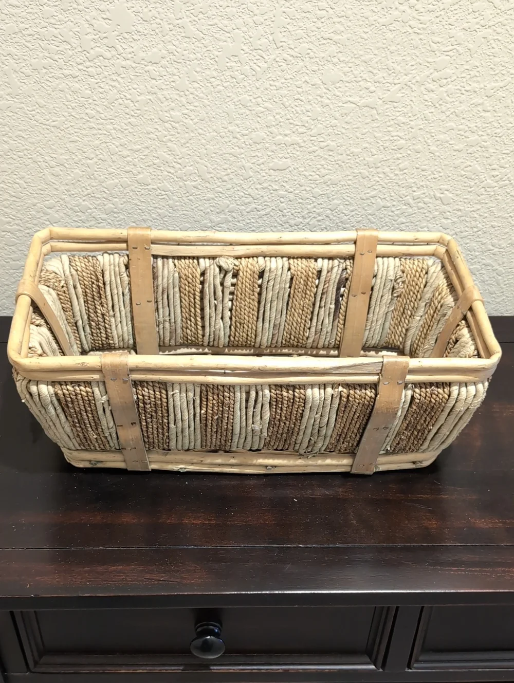 Vintage Mid-Century Handwoven Rectangular Basket - French Style - Bamboo Rattan
